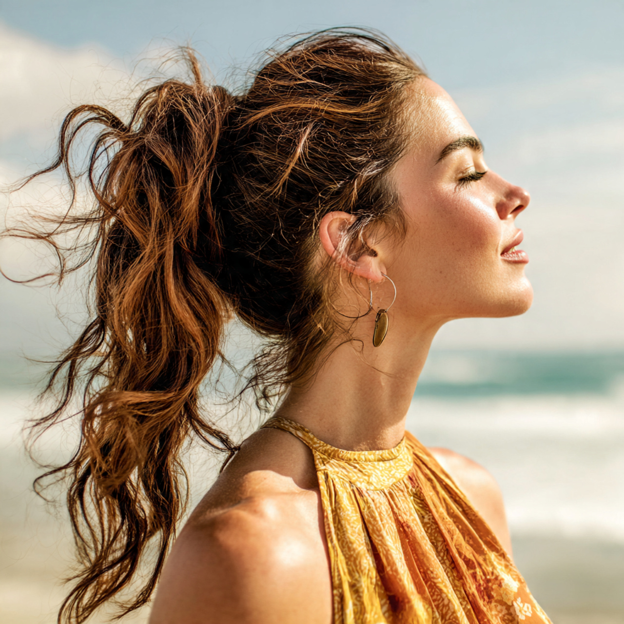 an attractive woman having textured beach ponytail