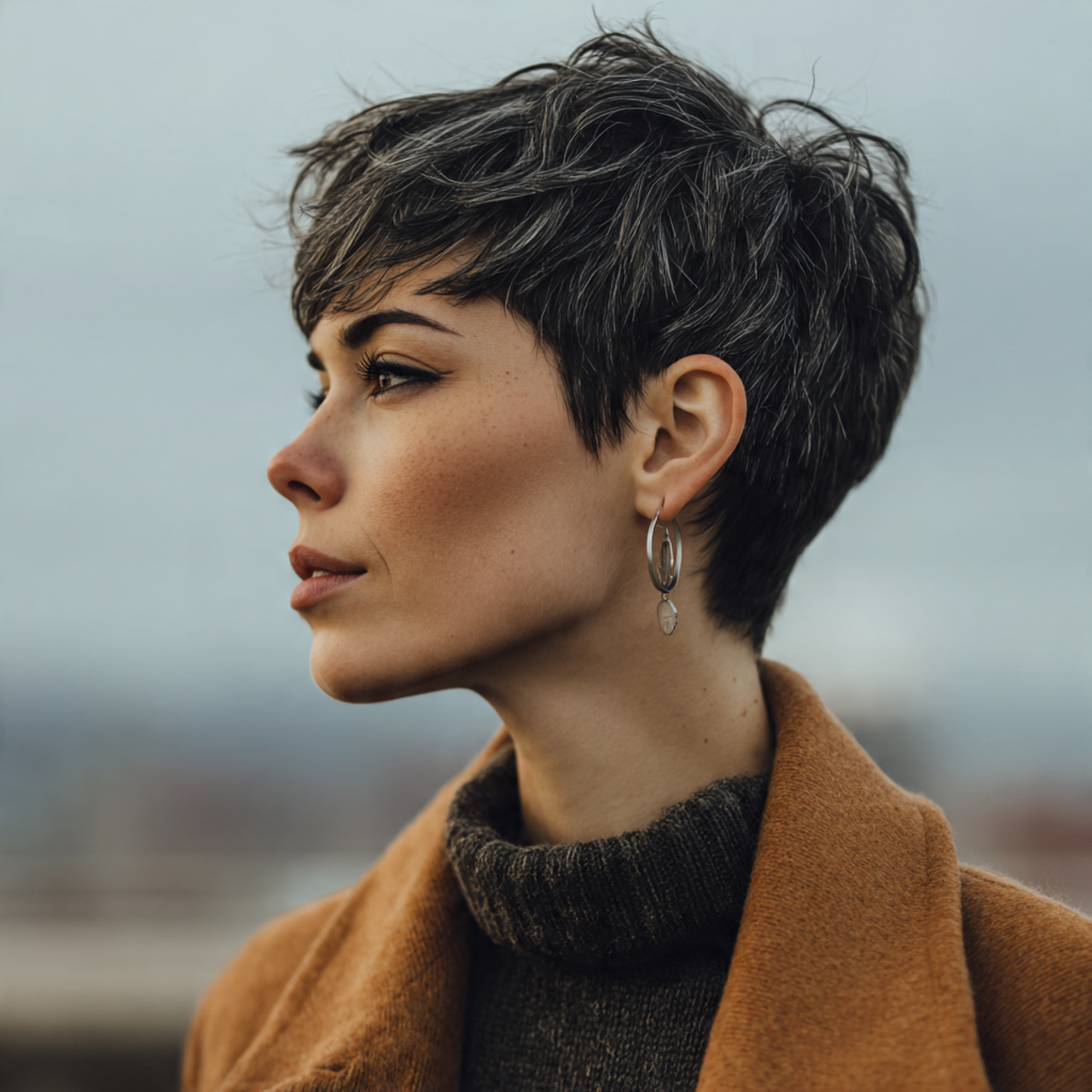 an attractive woman having textured pixie cut hair