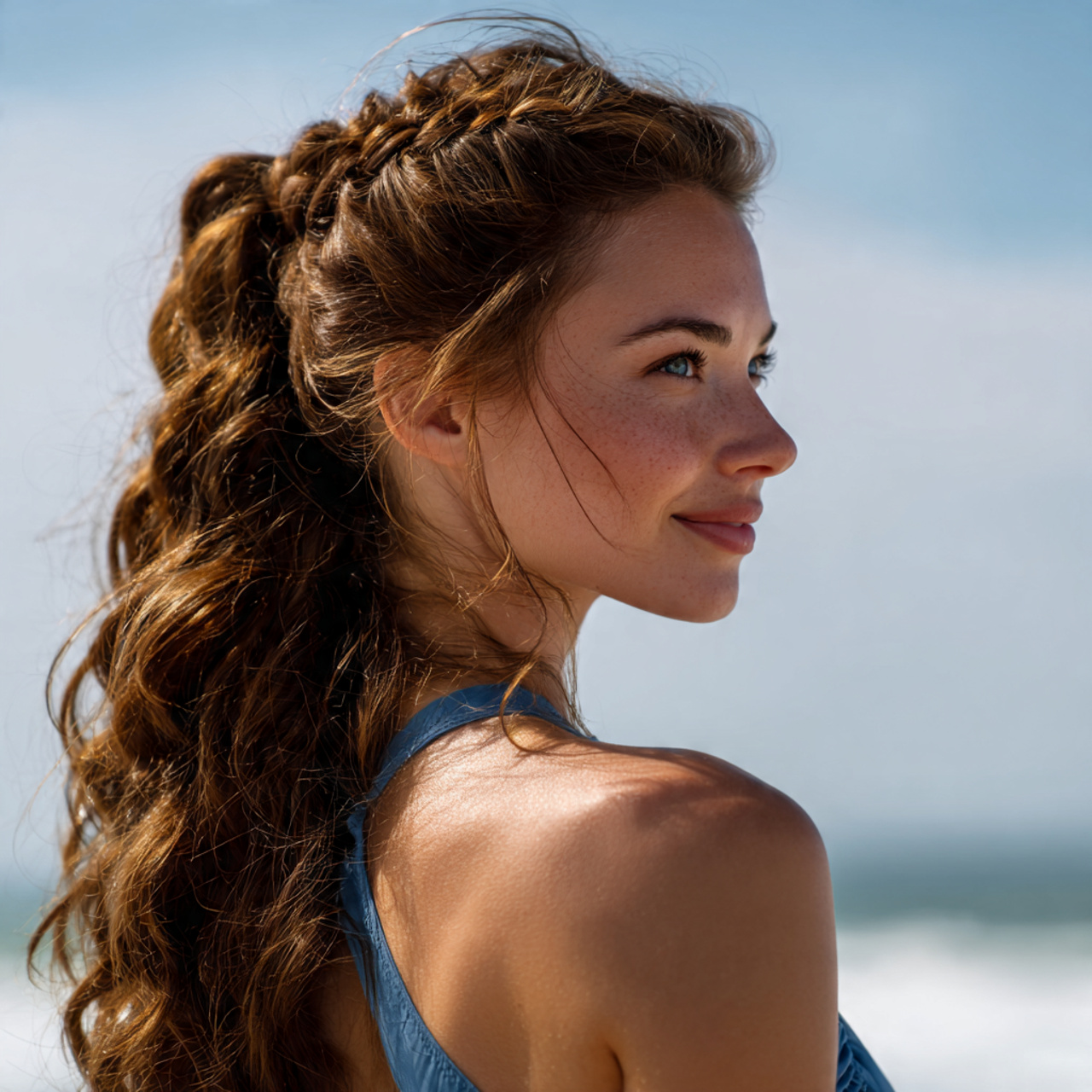 an attractive woman having twisted beach half up s