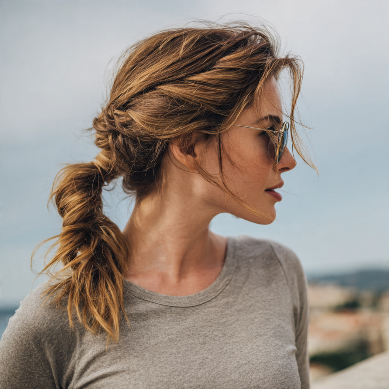 an attractive woman having twisted side ponytail h