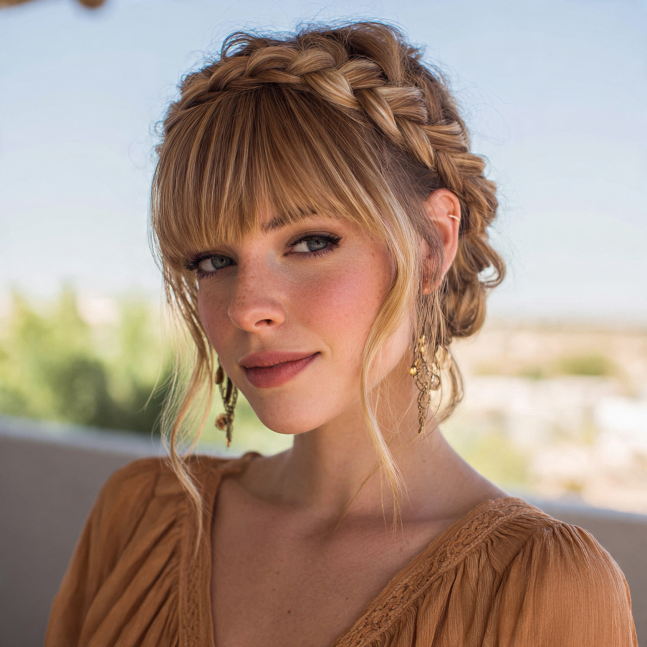 Easy Hairstyles With Bangs: 14 Simple and Stylish Looks for Everyday Hair 7 an attractive women having easy braided crown with