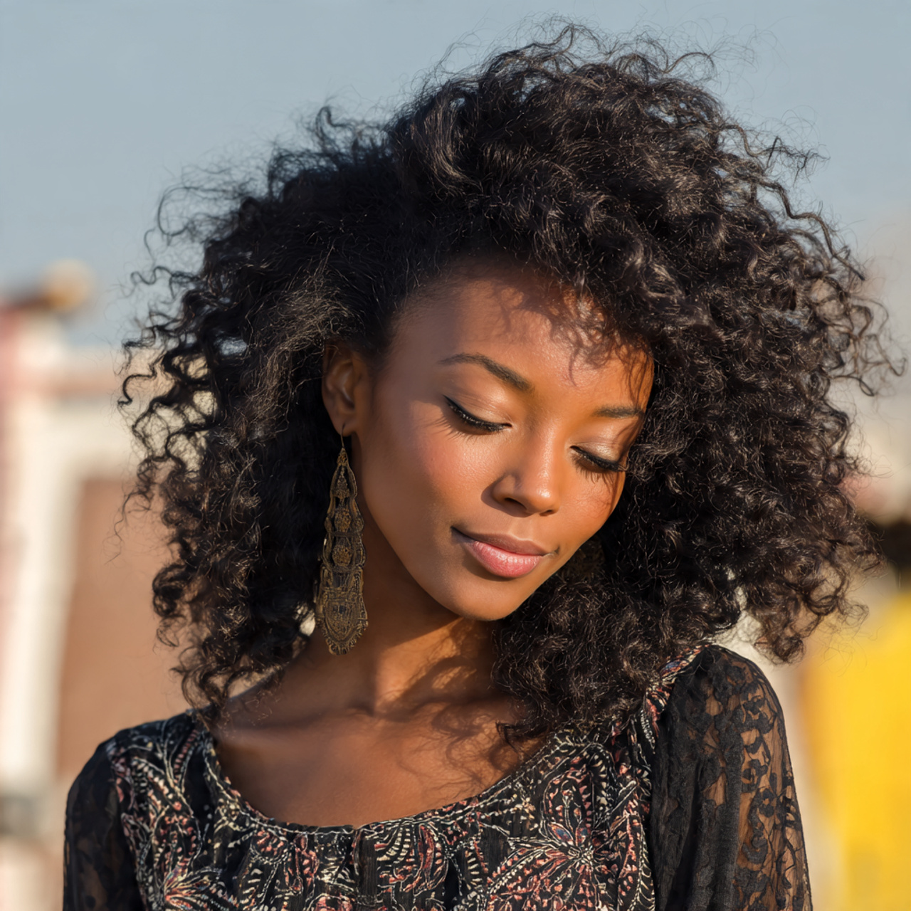 an attractive women having easy curly weave with v