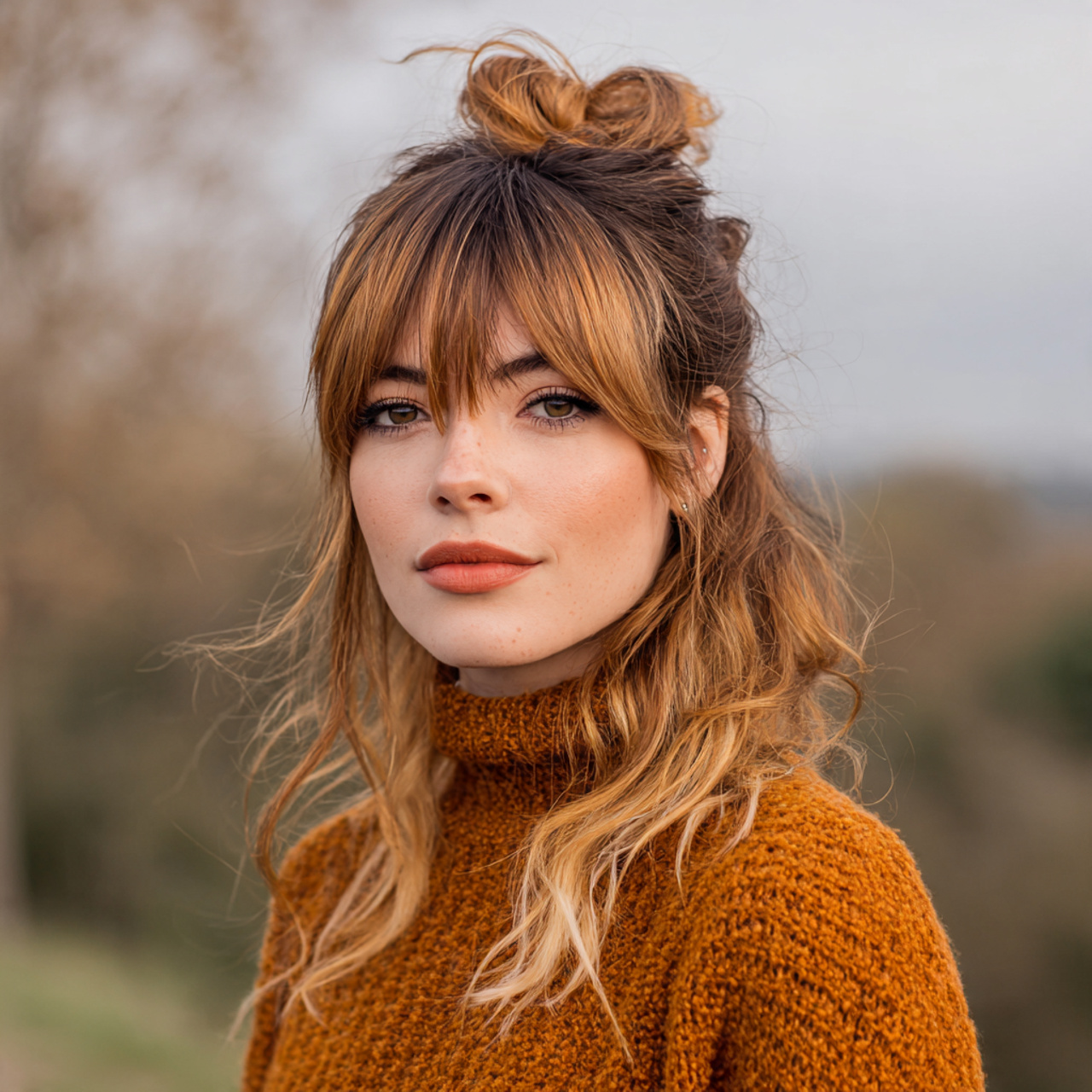 Easy Hairstyles With Bangs: 14 Simple and Stylish Looks for Everyday Hair 6 an attractive women having easy half up half down