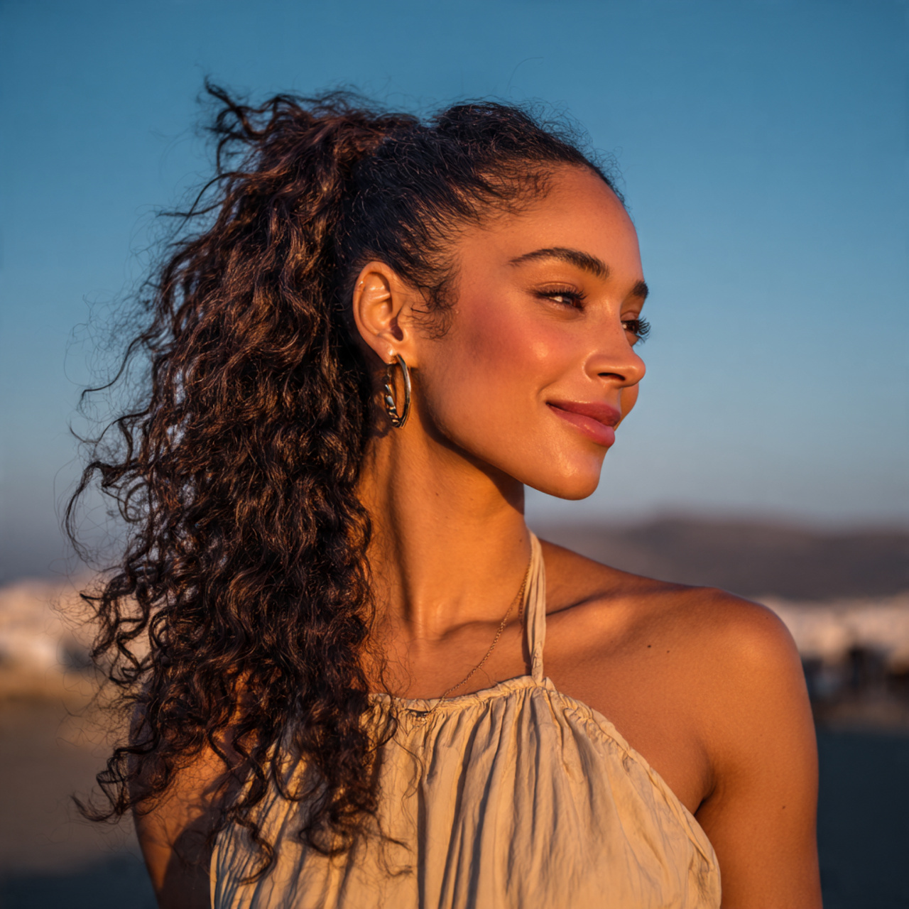 an attractive women having easy loose curly ponyta