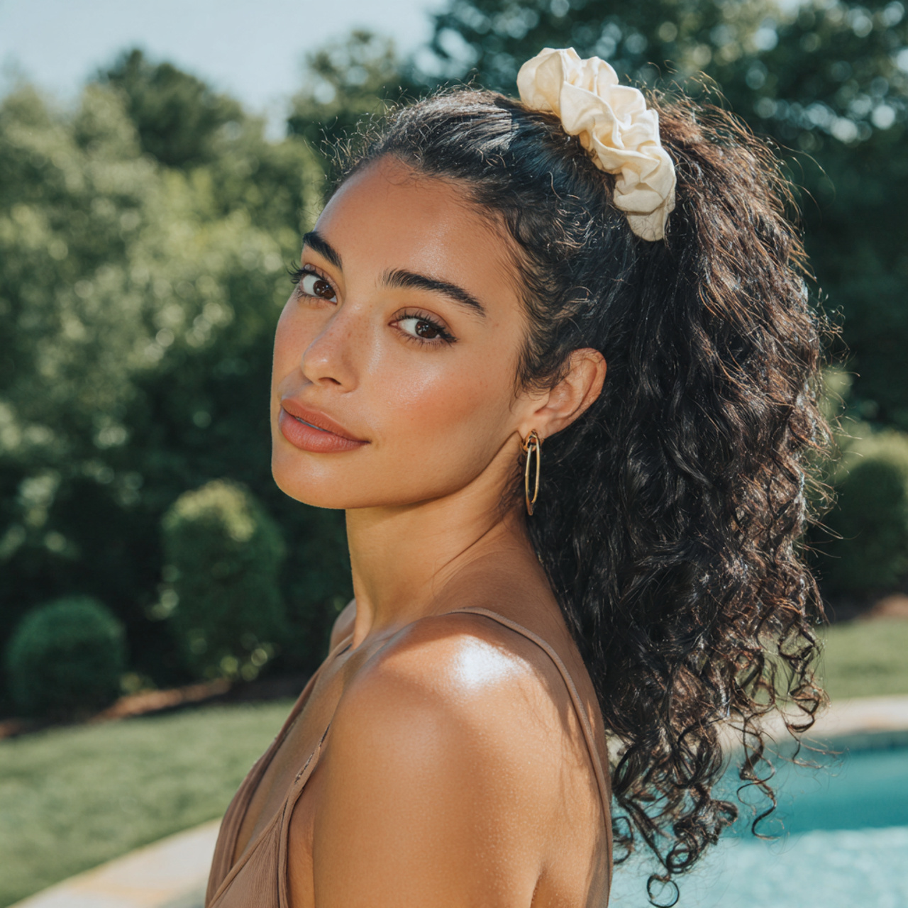 an attractive women having easy low curly pony wit