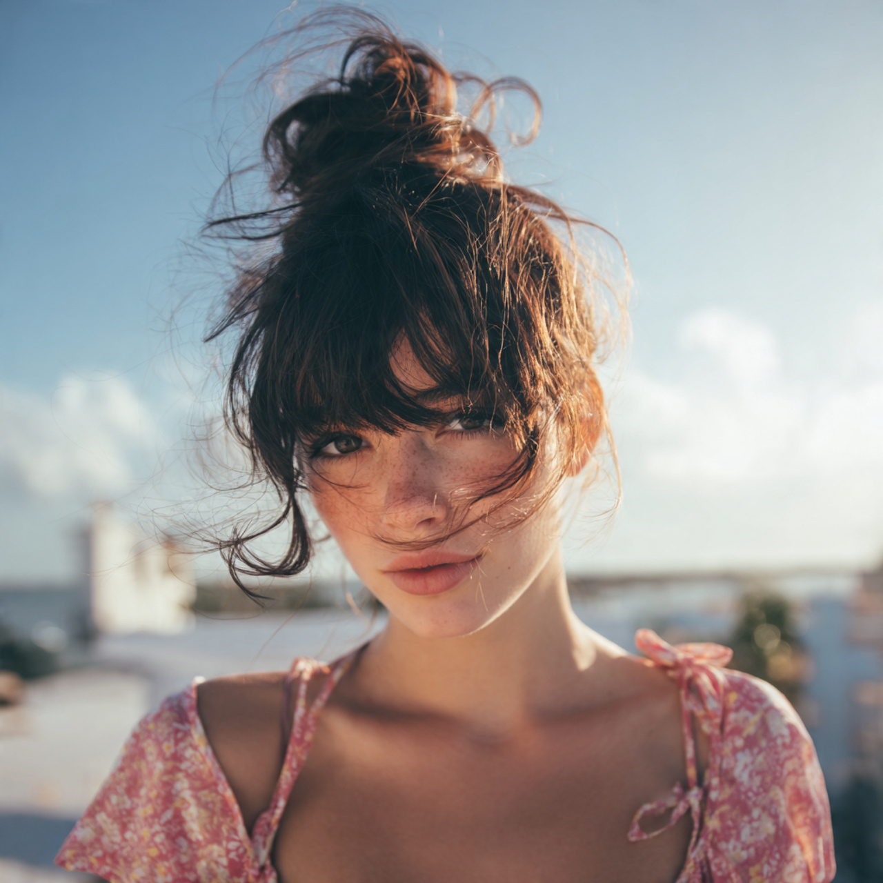 Easy Hairstyles With Bangs: 14 Simple and Stylish Looks for Everyday Hair 3 an attractive women having easy messy bun with wis