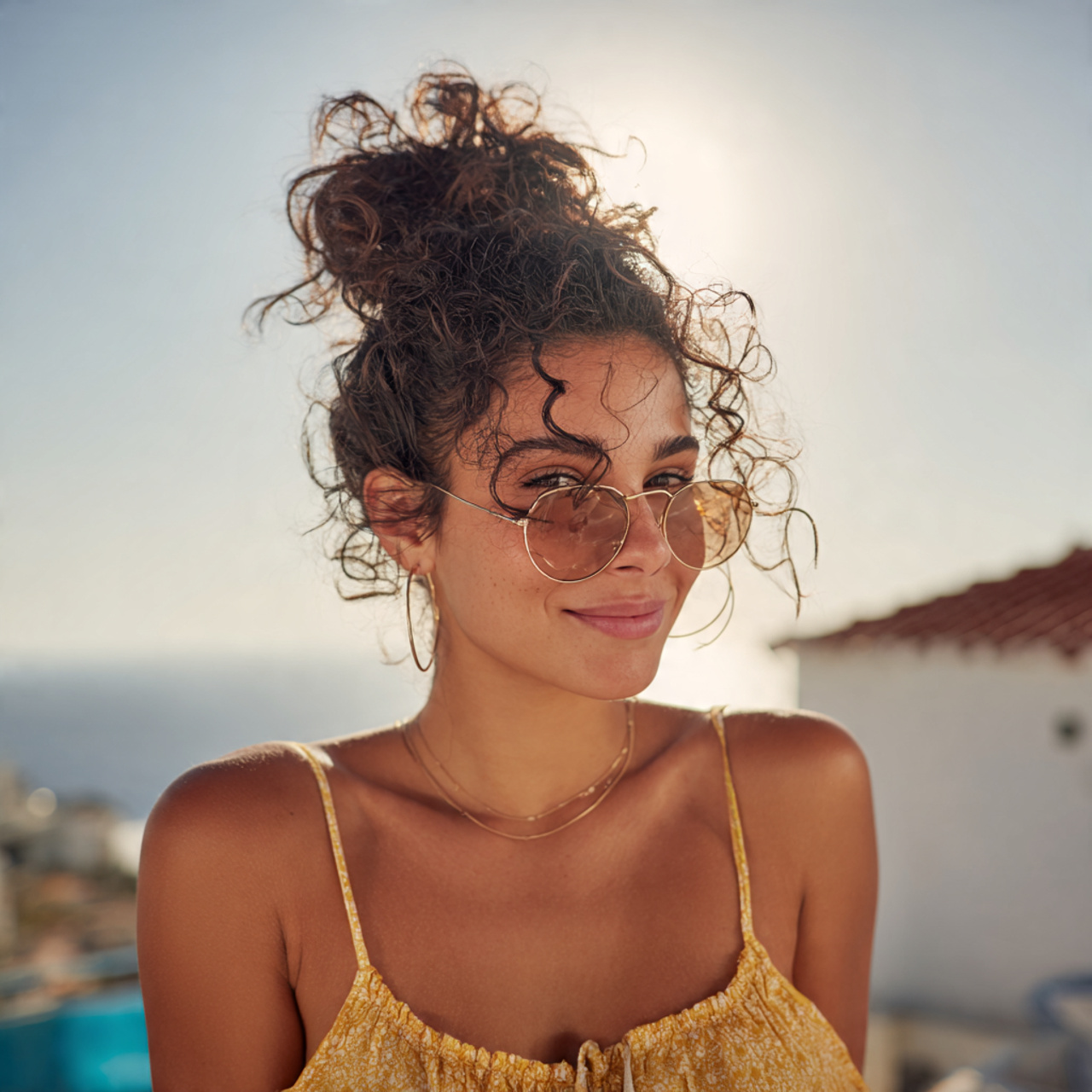 an attractive women having easy messy curly top kn