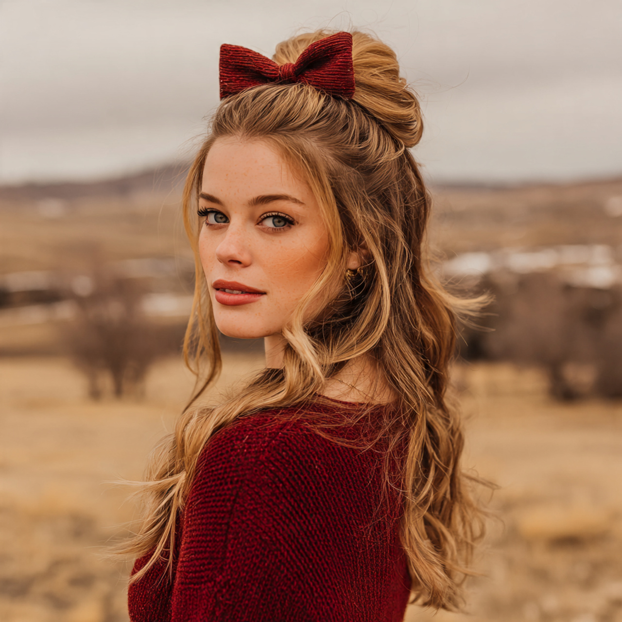 an attractive women having easy prom half up bow s