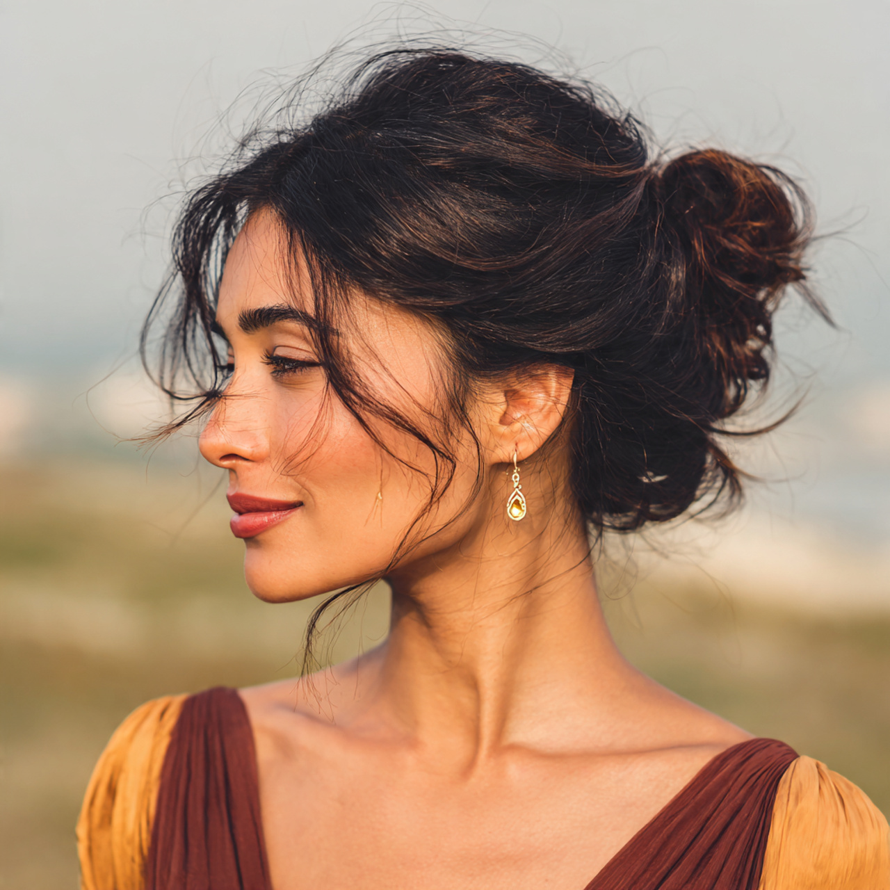 an attractive women having easy prom loose low bun