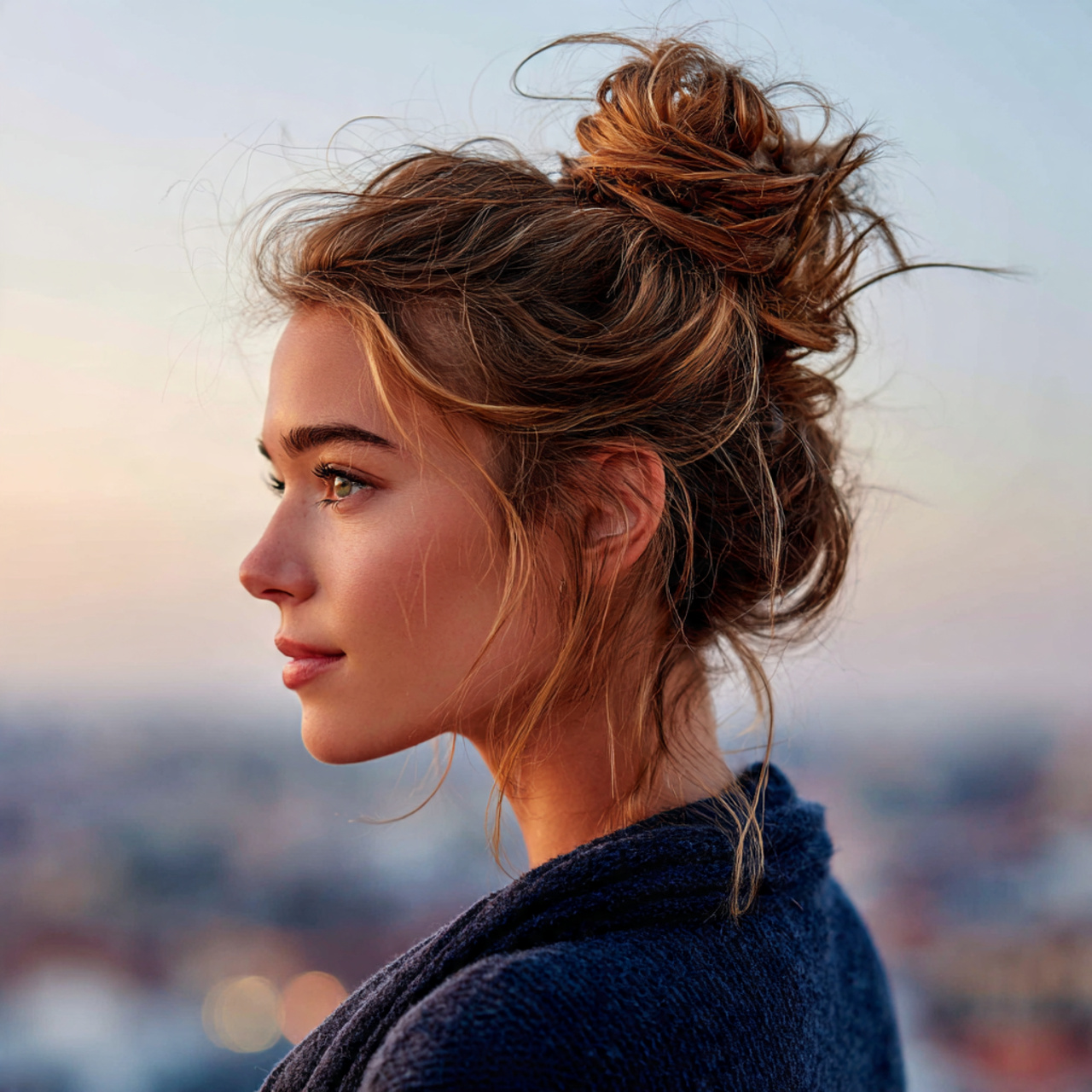 an attractive women having easy quick messy top bu