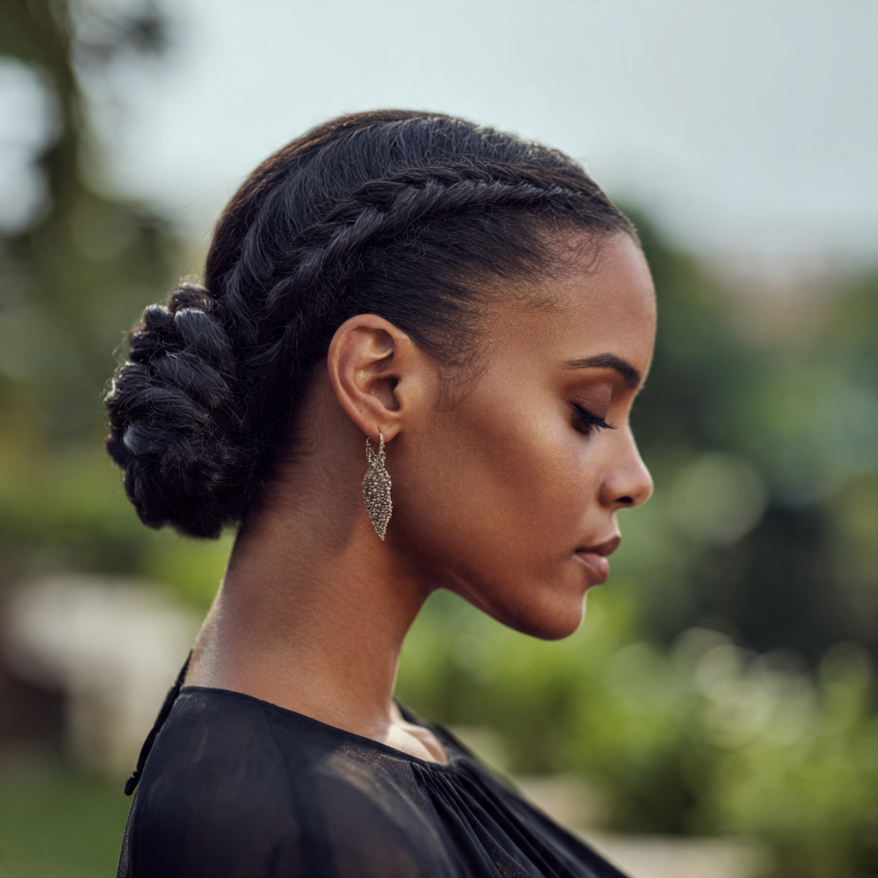 an attractive women having easy sleek low bun with 1