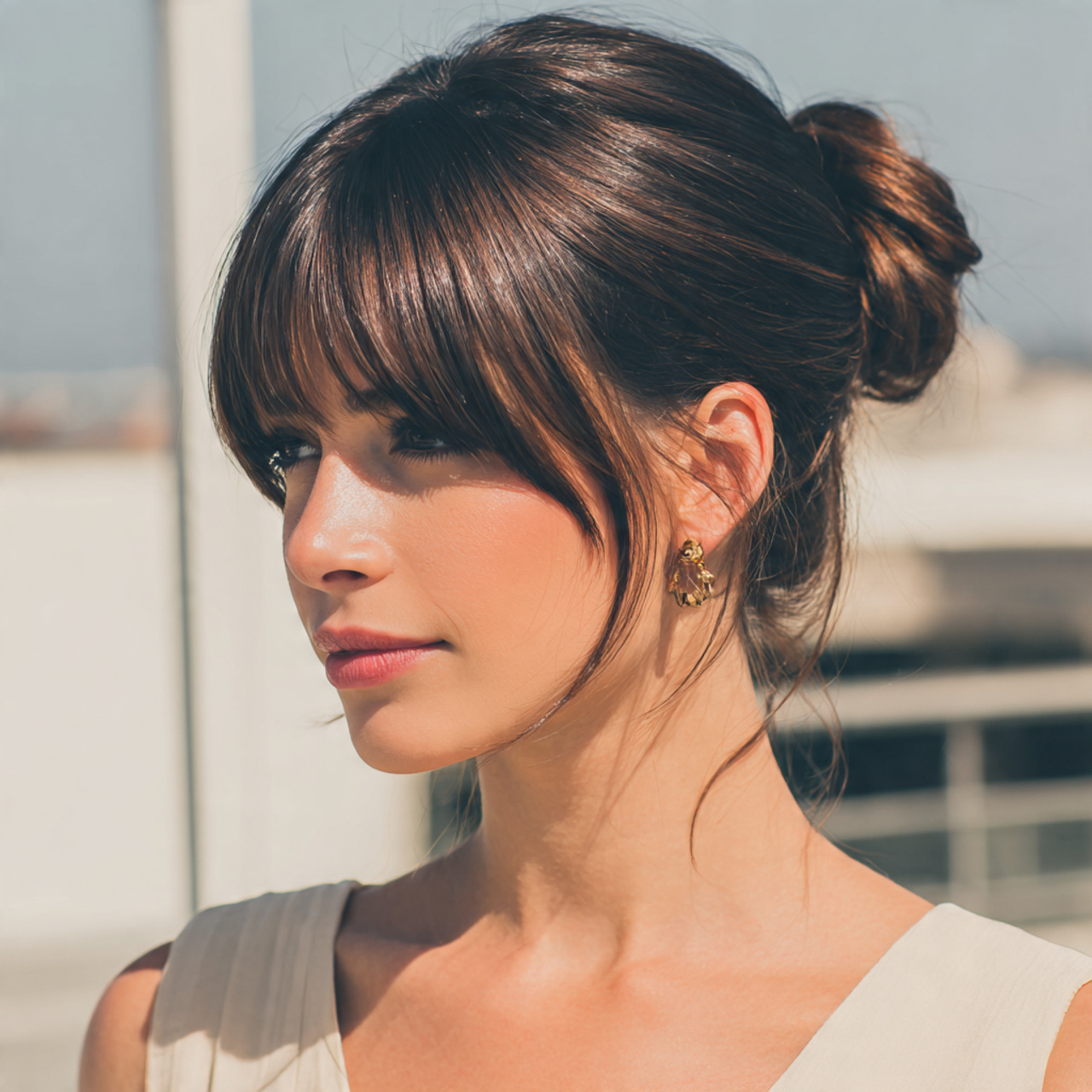 Easy Hairstyles With Bangs: 14 Simple and Stylish Looks for Everyday Hair 12 an attractive women having easy sleek low bun with
