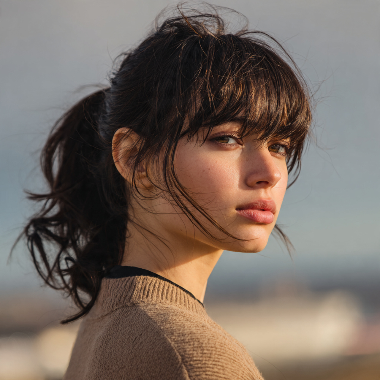 Easy Hairstyles With Bangs: 14 Simple and Stylish Looks for Everyday Hair 13 an attractive women having easy textured ponytail
