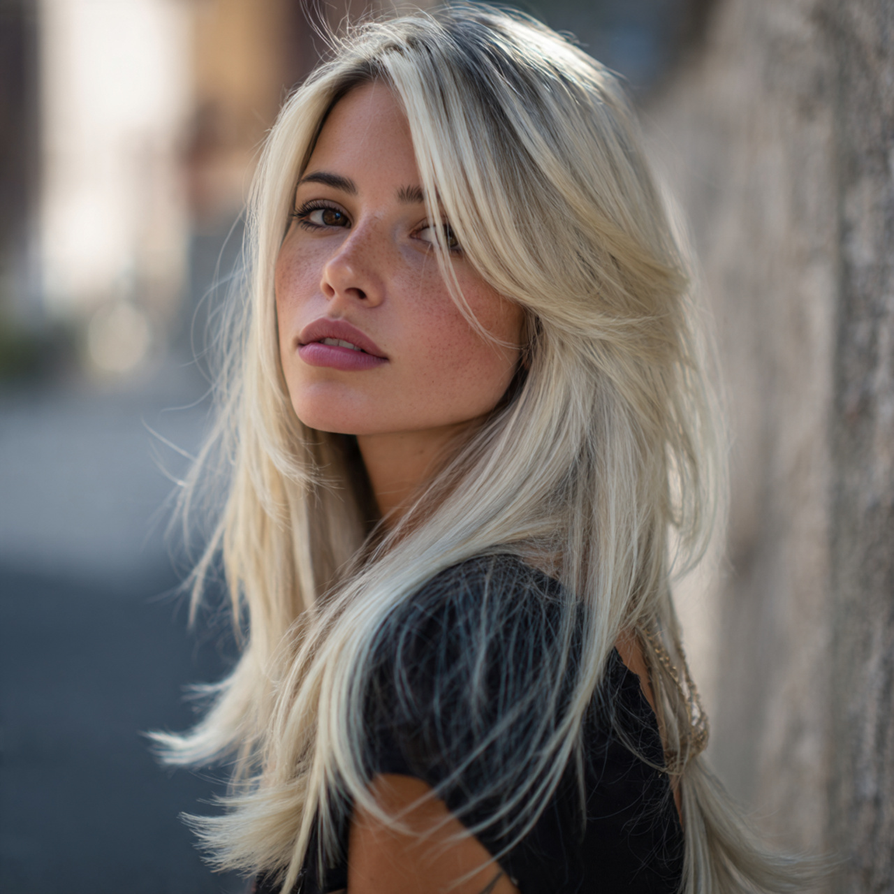 an attractive women having hush cut long with blen