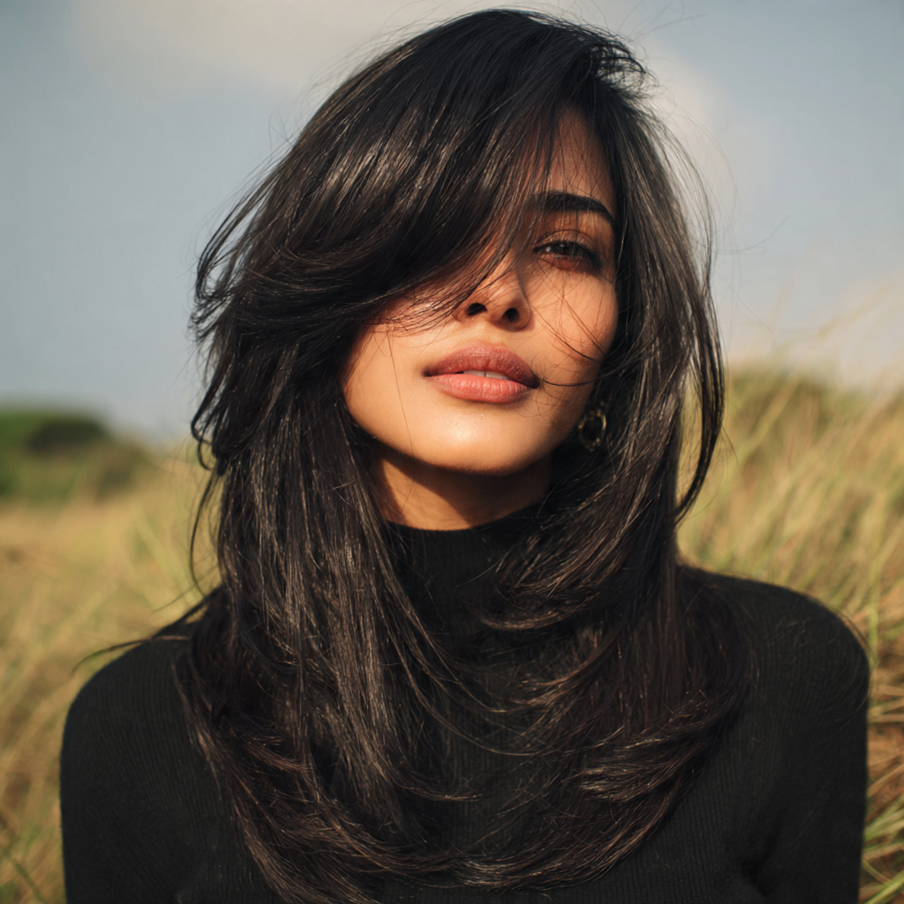 an attractive women having hush cut long with wisp