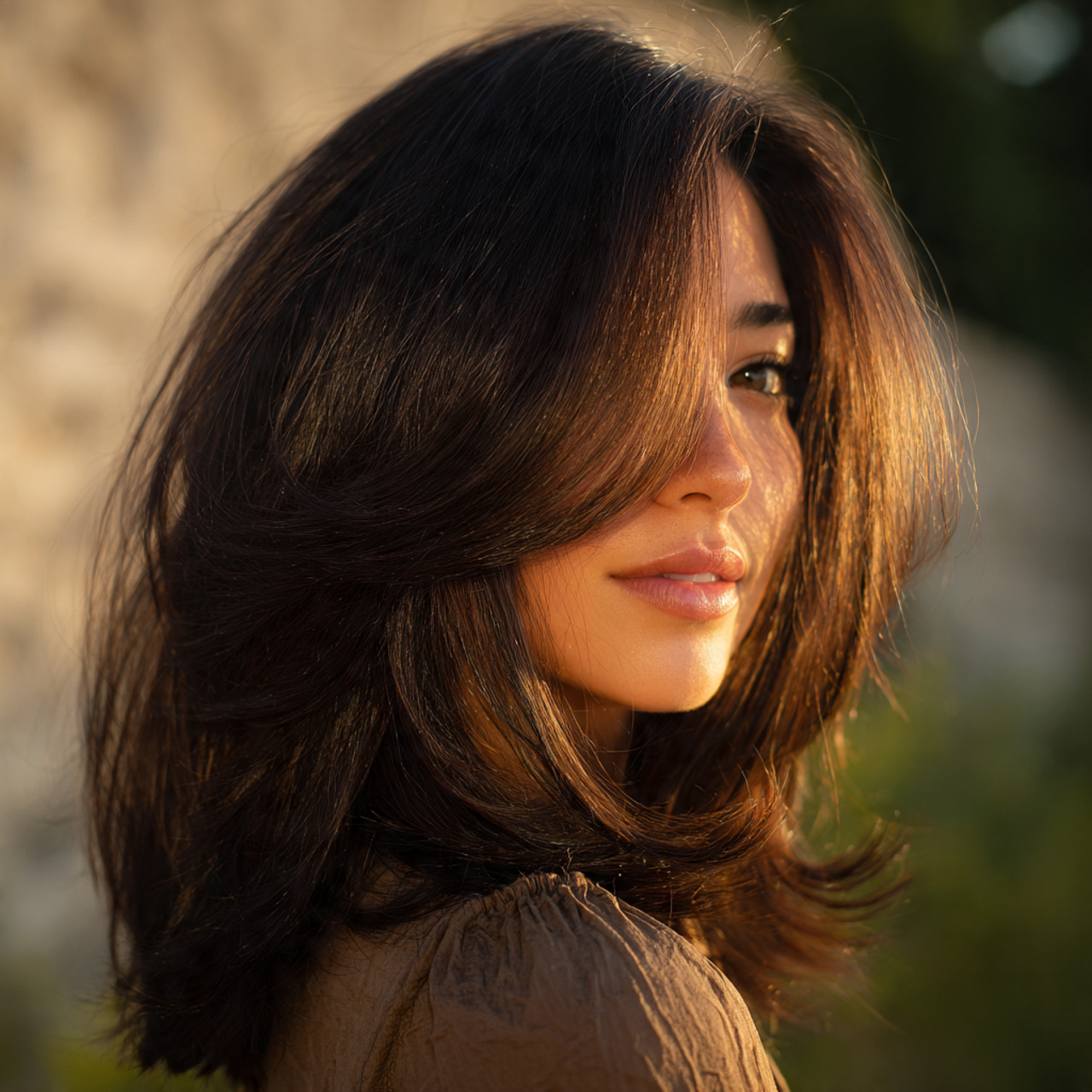 an attractive women having layered hush cut long w