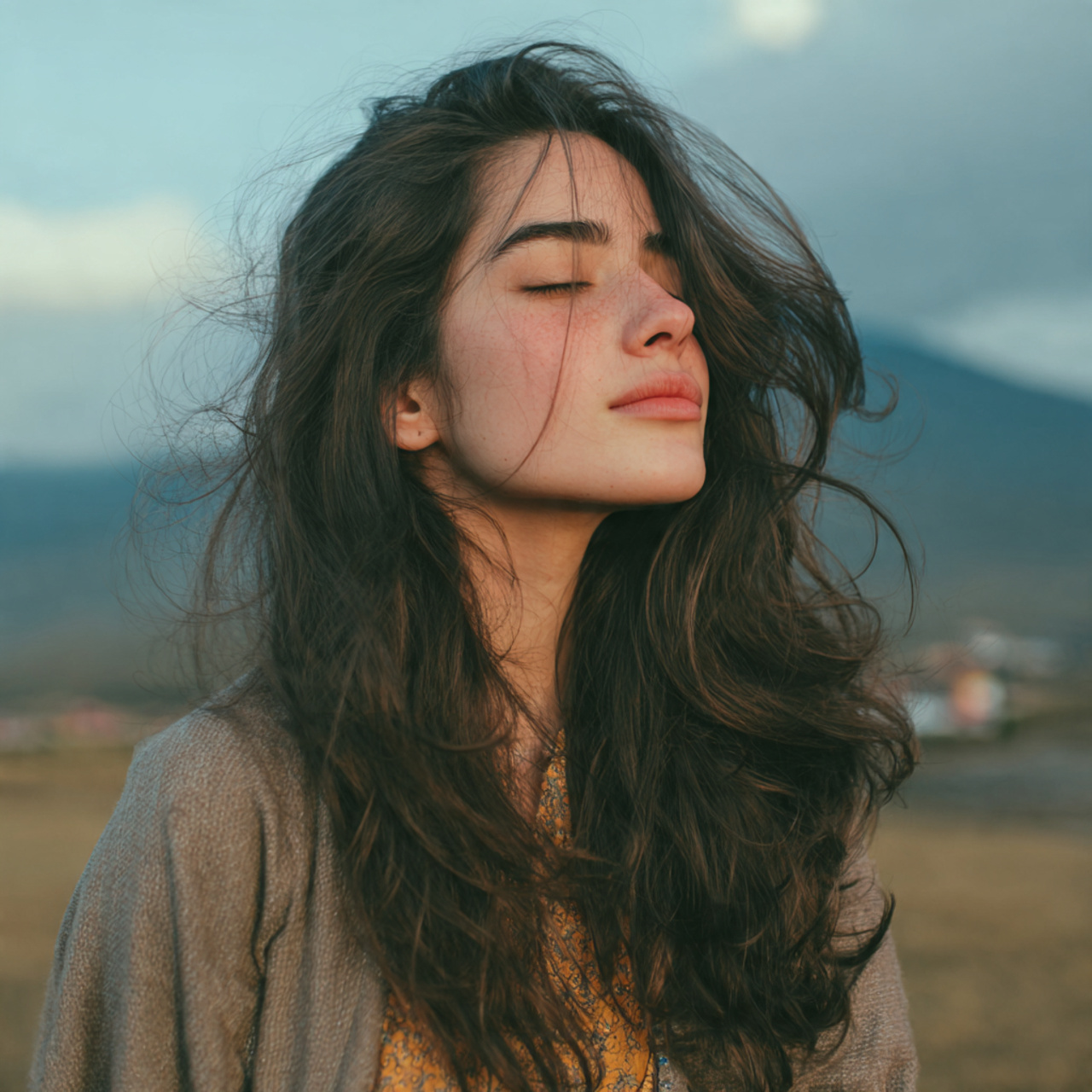 an attractive women having light feathered hush cu