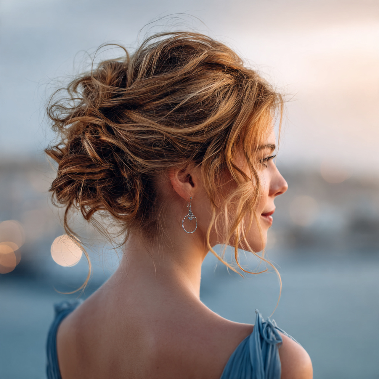 an attractive women having light textured updo hai