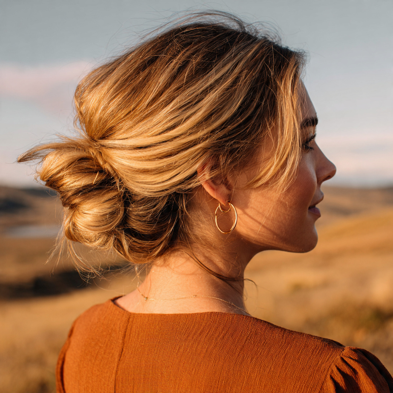 an attractive women having loose low updo bun hair