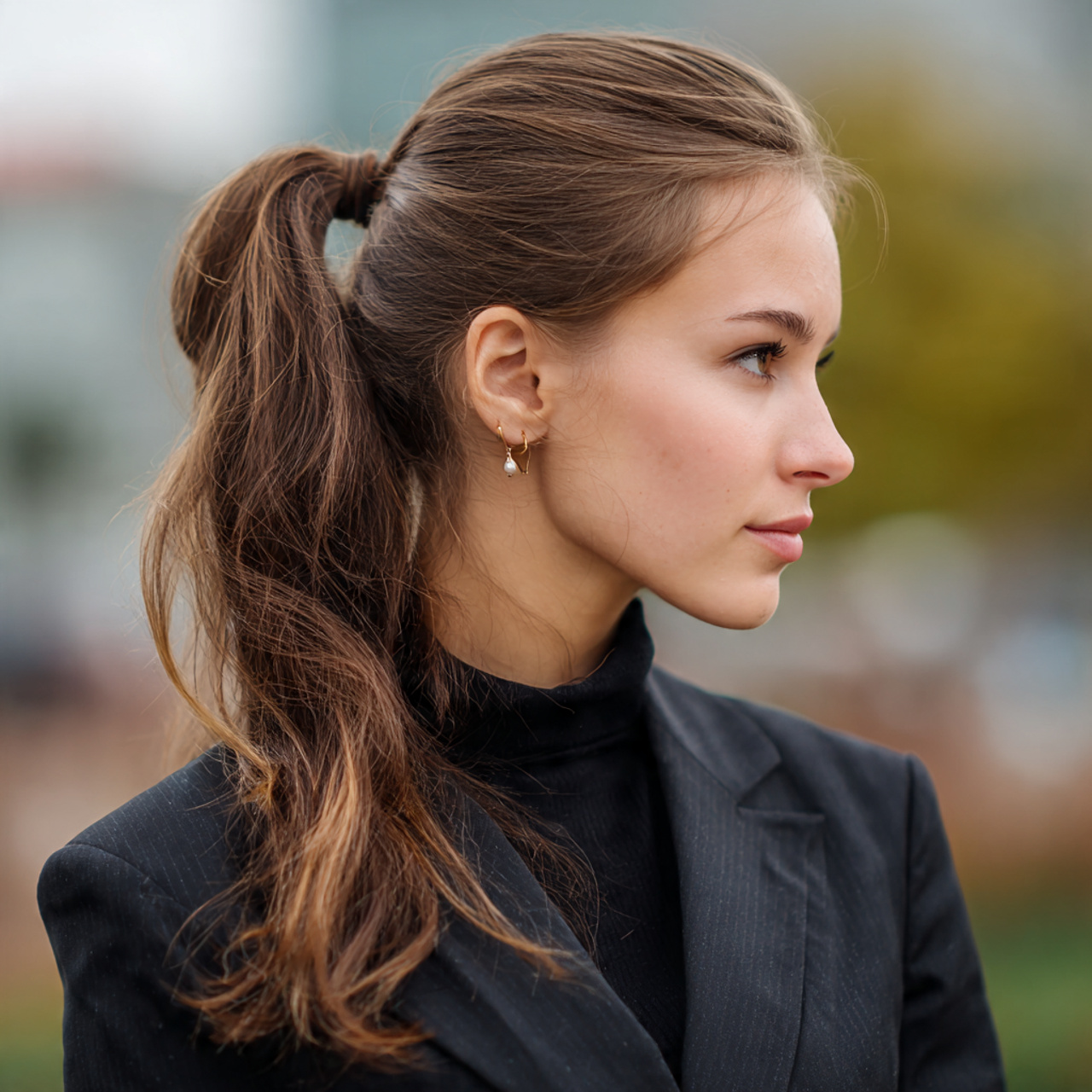 an attractive women having low sleek ponytail easy