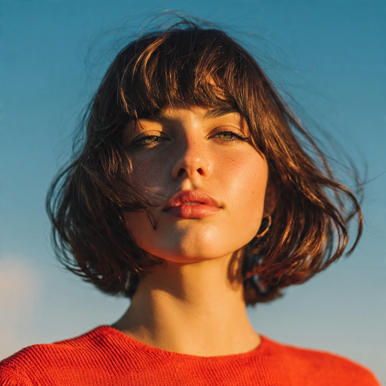 an attractive women having medium hush cut with se