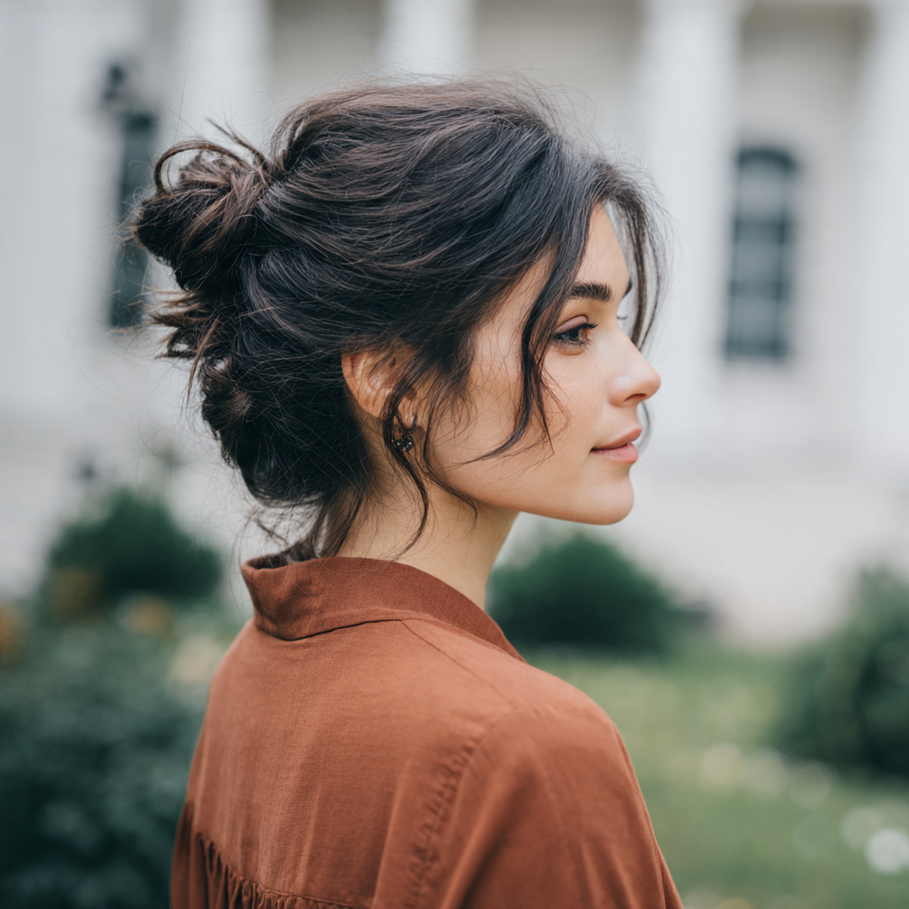 an attractive women having relaxed low bun easy wo