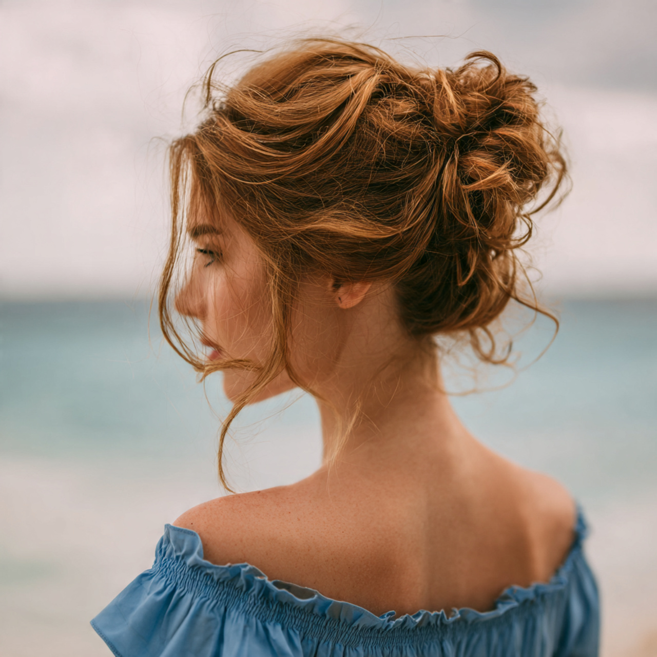 an attractive women having relaxed messy updo hair