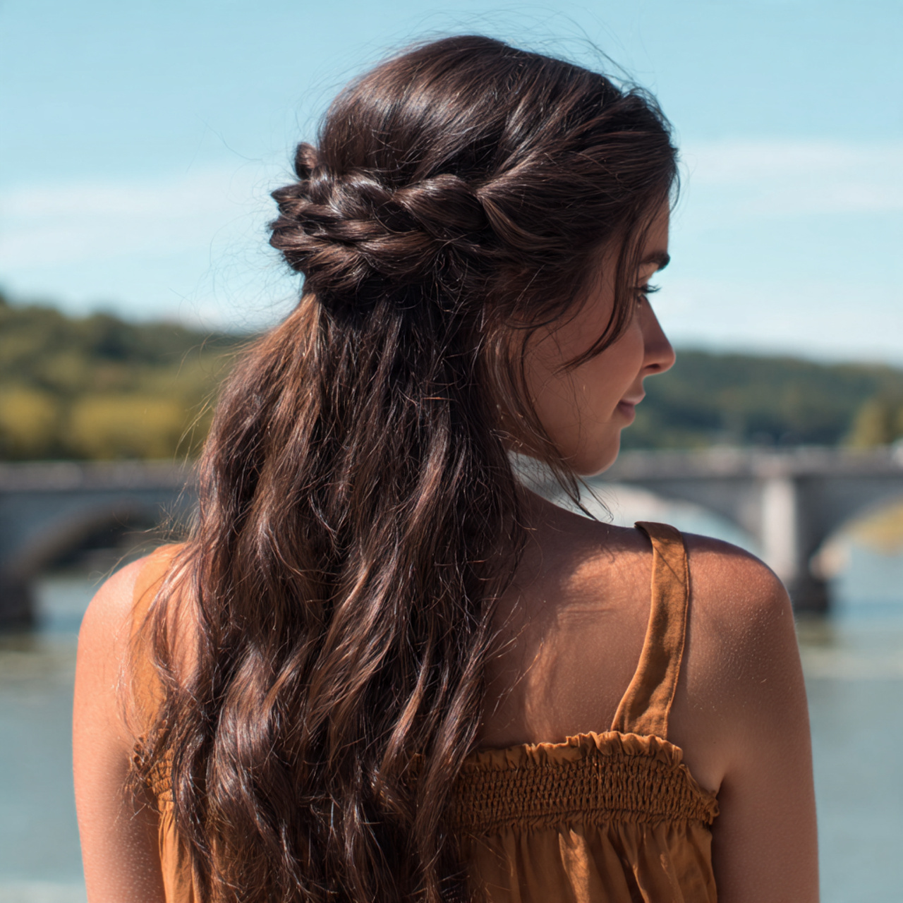 an attractive women having simple easy half up hal