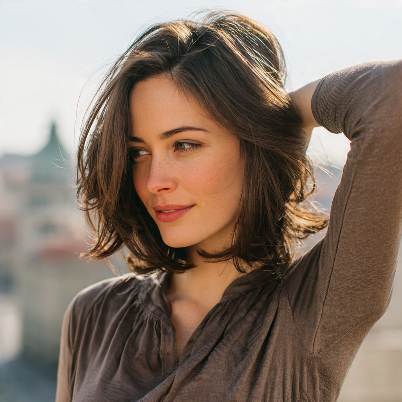 an attractive women having soft shoulder length fl