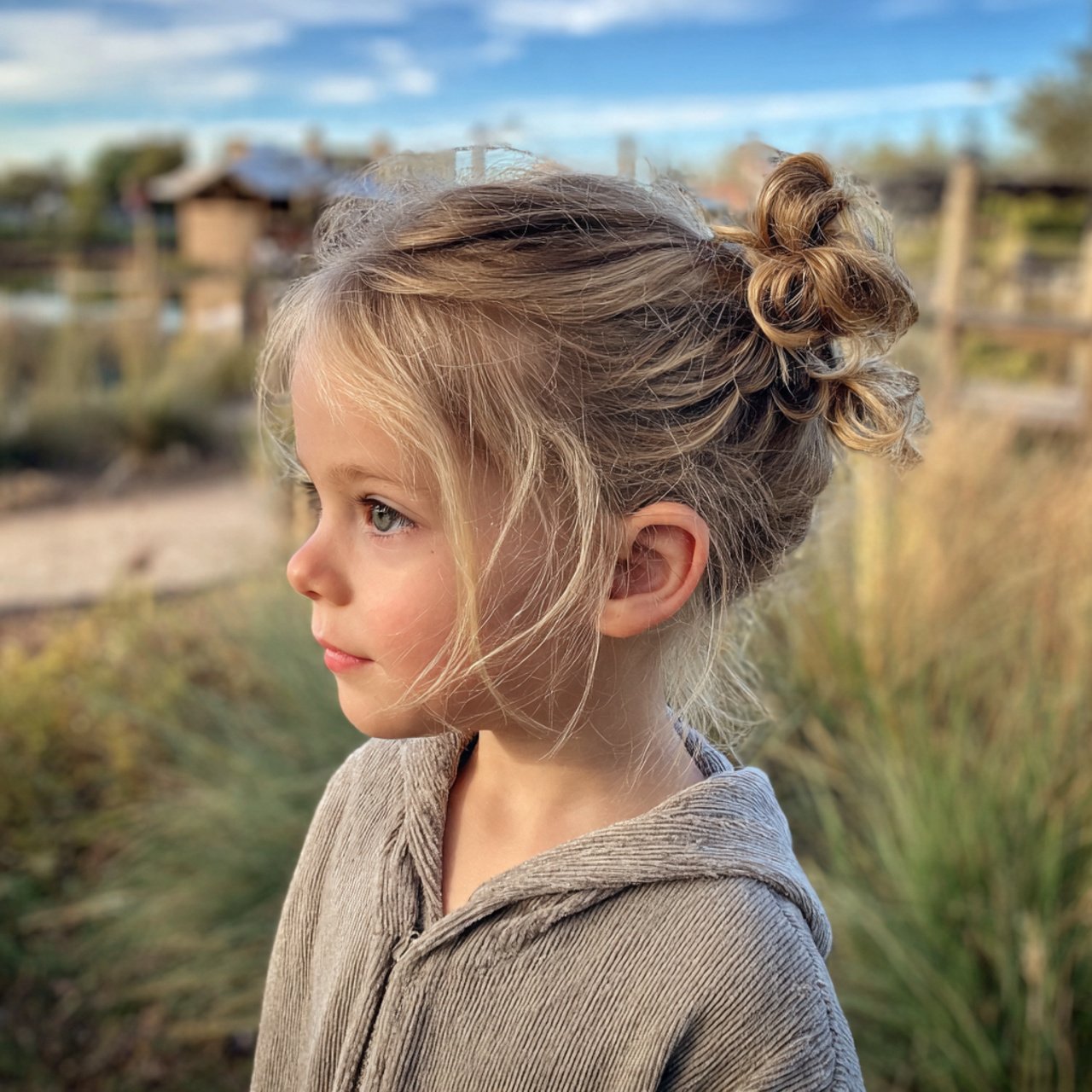 easy toddler side swept toddler bun hairstyle with