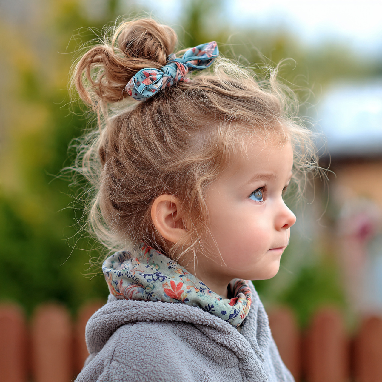 easy toddler tiny top knot hairstyle with outdoor