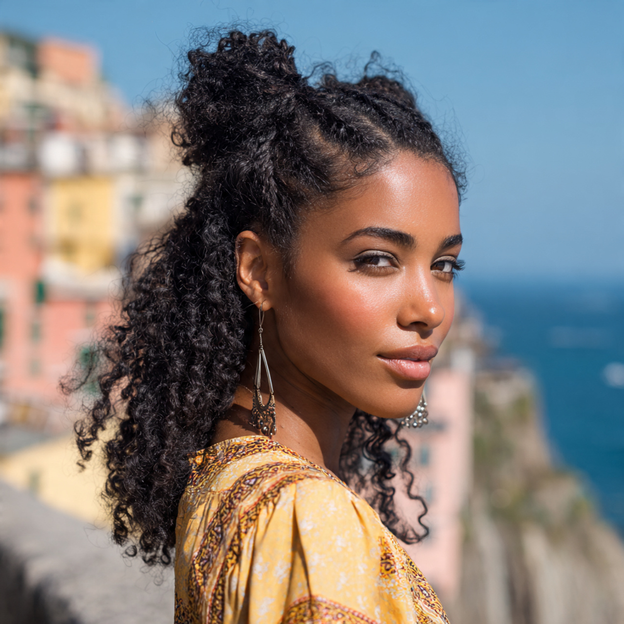 half up half down an attractive woman having easy