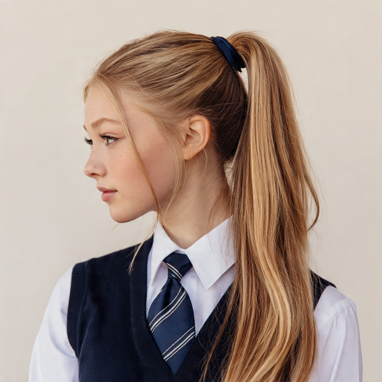 high ponytail with smooth finish for school
