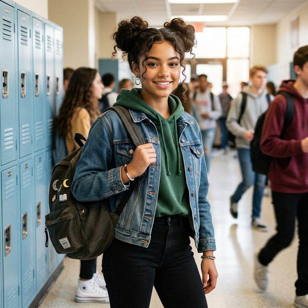 Teen with curly space buns 202606131847