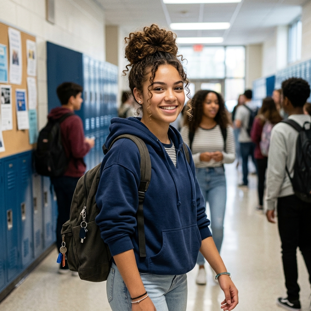 Teen with curly top knot 202606131848