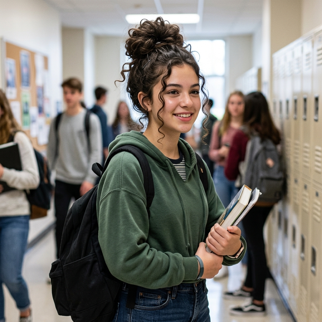 Teen with messy curly bun 202606131846