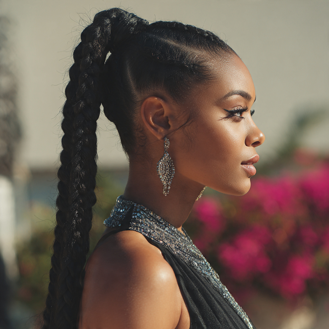 an attractive black woman with a long braided pony