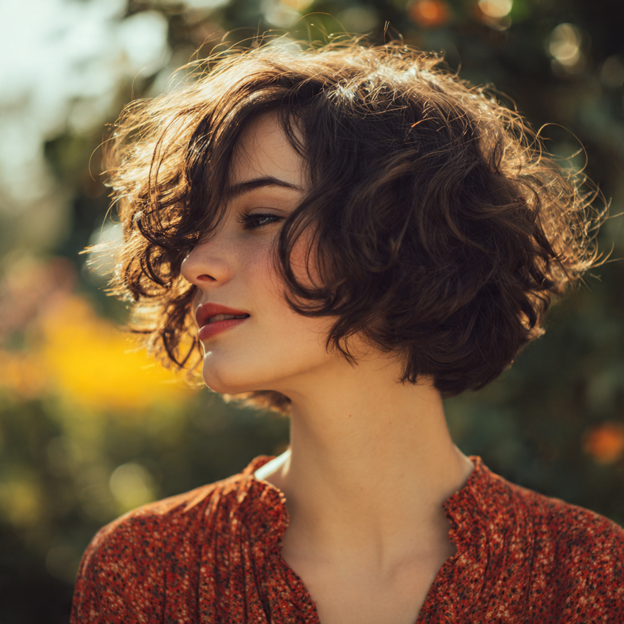 an attractive woman with a cute curly bob cut hair