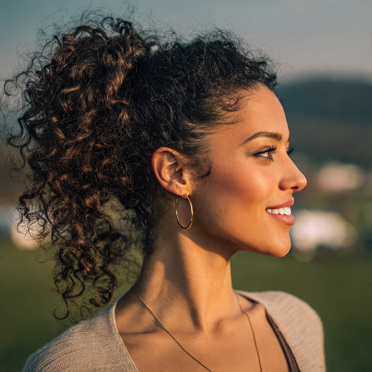 an attractive woman with a cute curly low ponytail