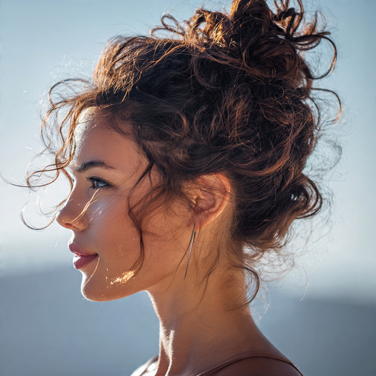 an attractive woman with a cute curly messy bun ha