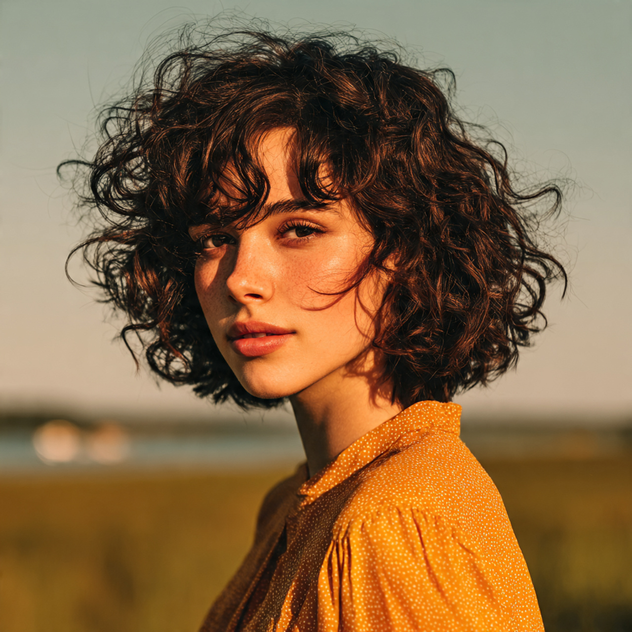 an attractive woman with a cute curly shoulder len