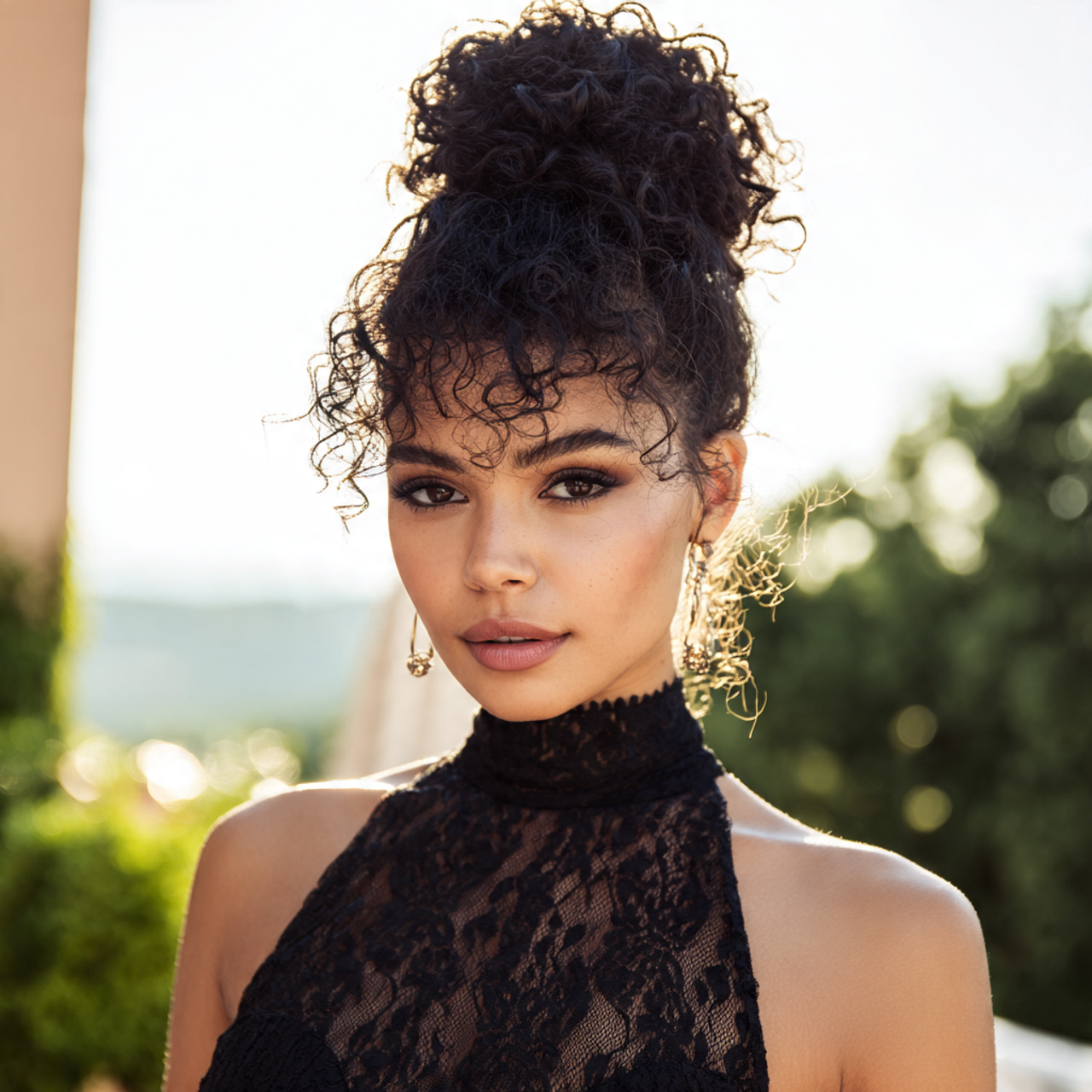 an attractive woman with a prom curly high bun hai