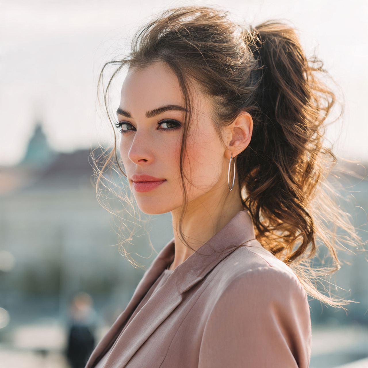 an attractive woman with a prom high ponytail hair
