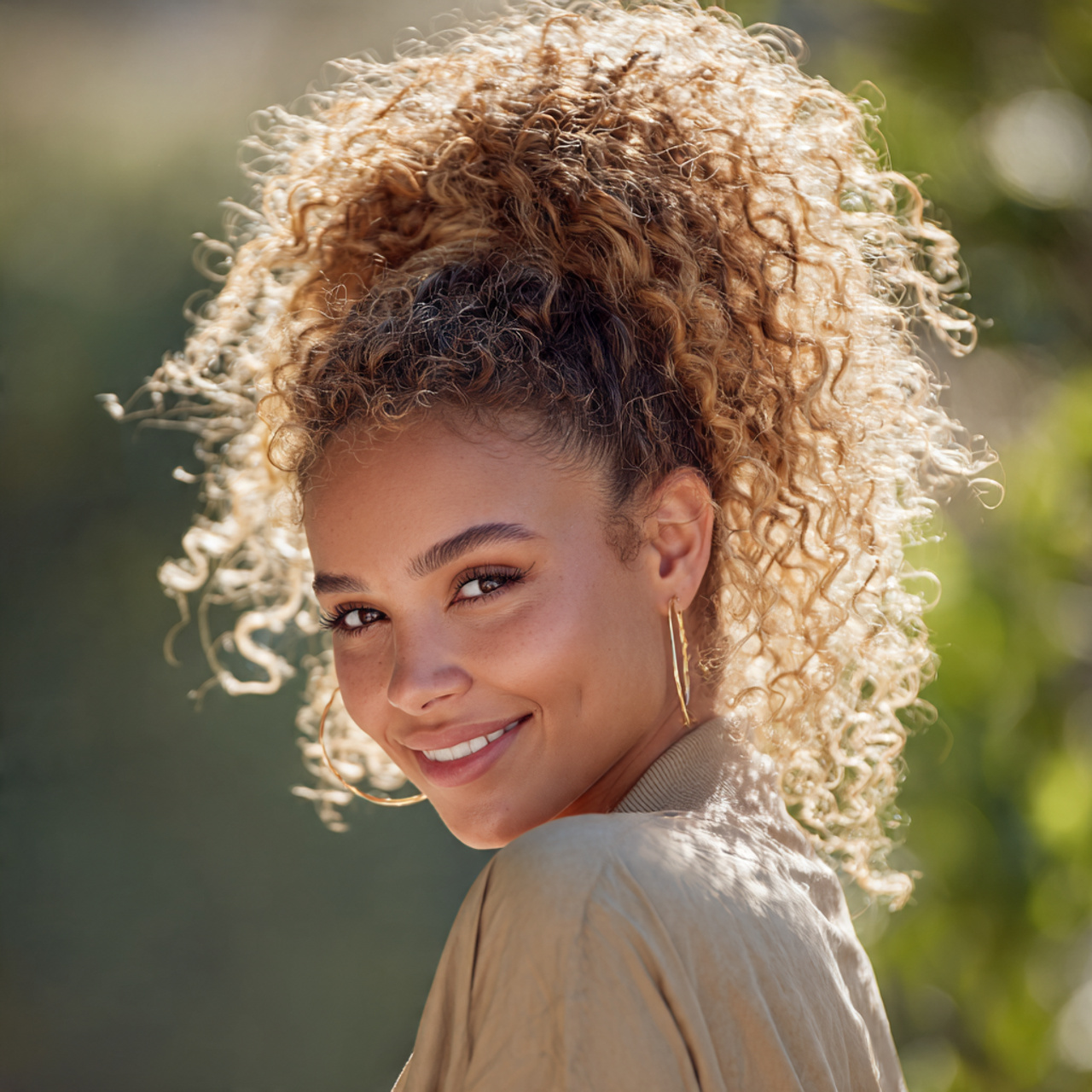 an attractive woman with a voluminous curly high p