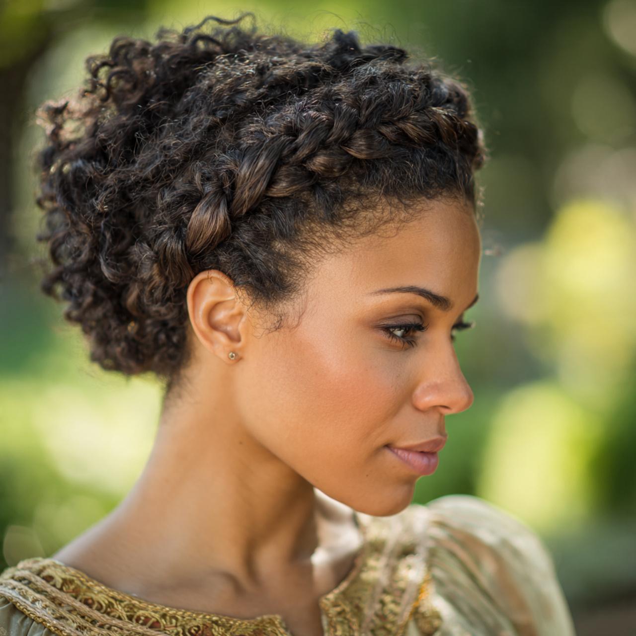 an attractive woman with curly braided crown hairs