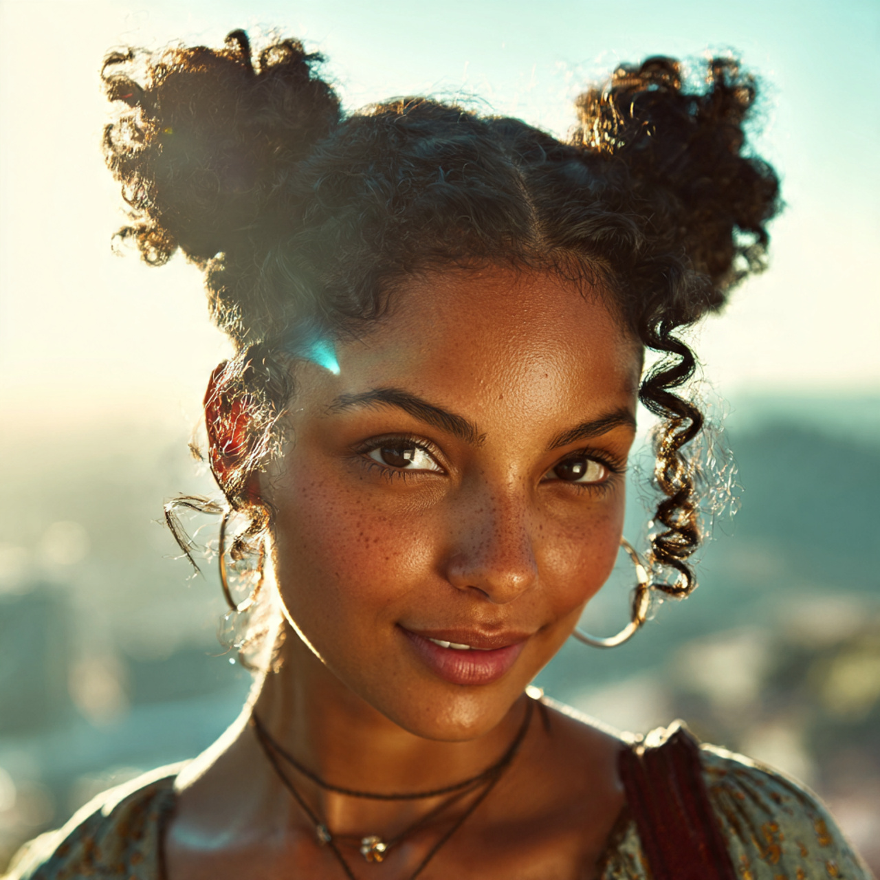 an attractive woman with cute curly space buns hai