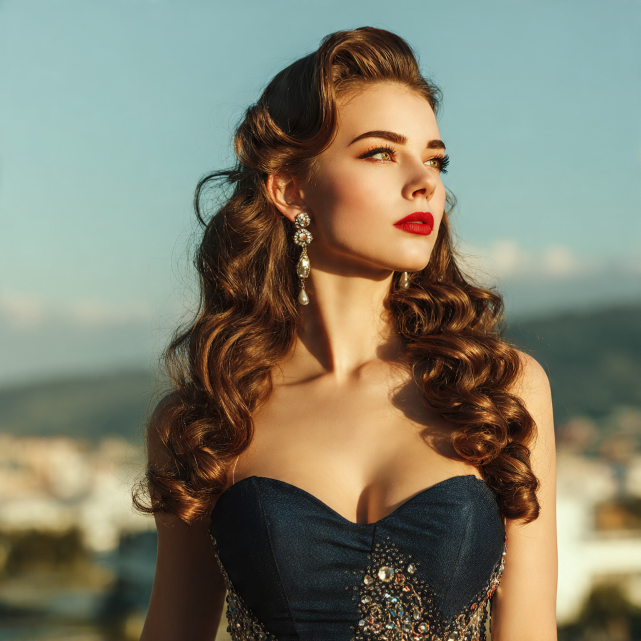 an attractive woman with prom hollywood glam curls