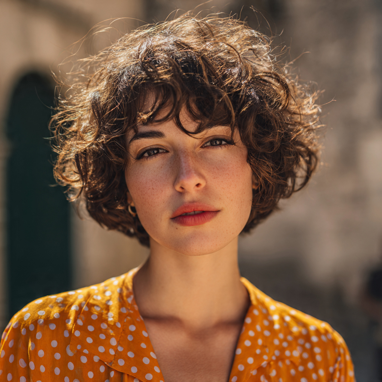 an attractive woman with short soft curly bob hair