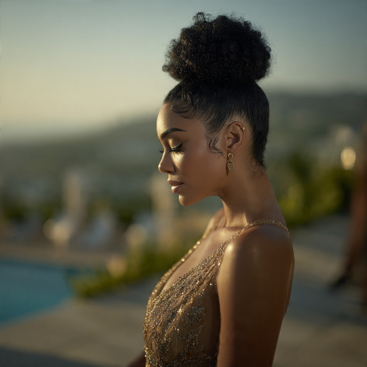 attractive black woman with a sleek high puff hair