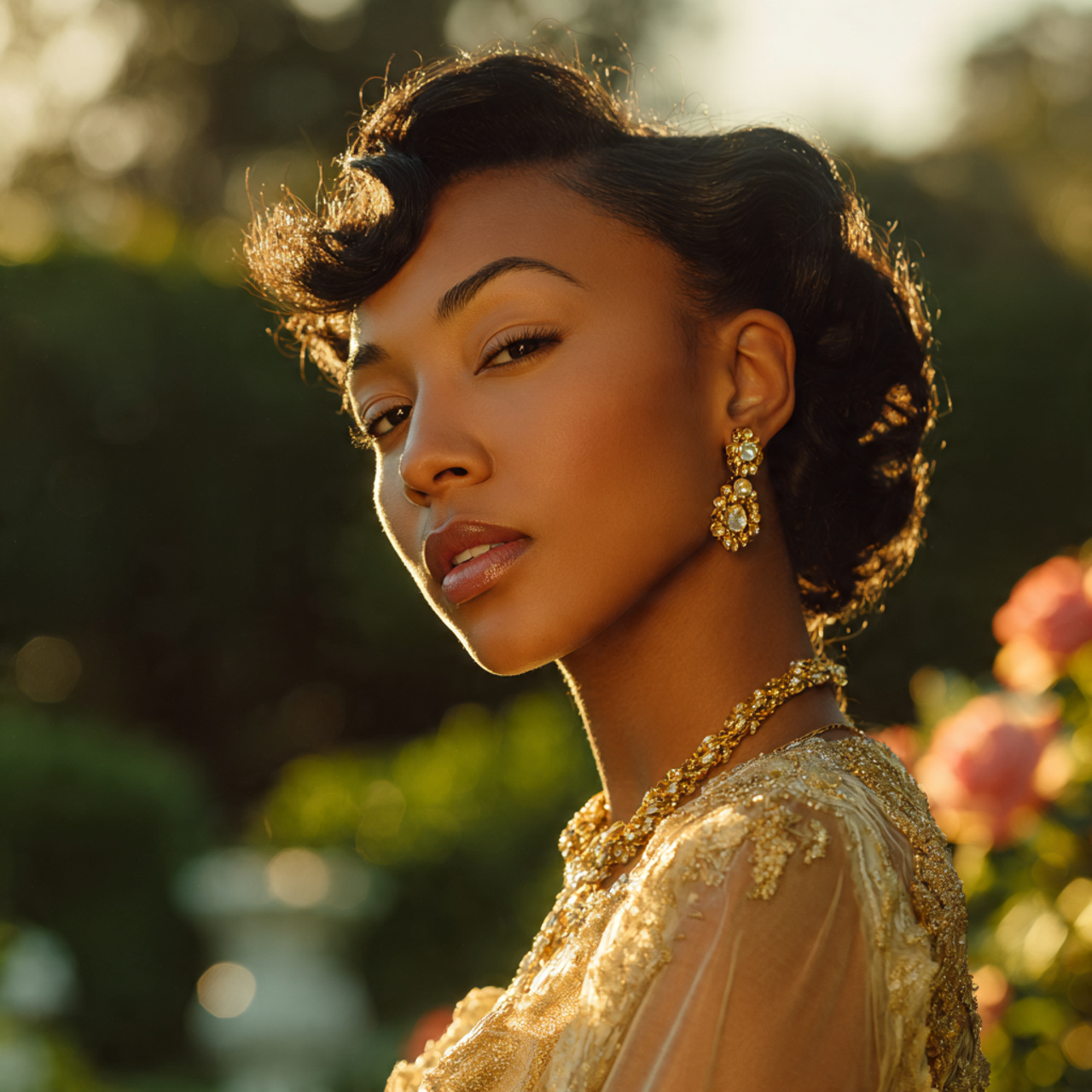 attractive black woman with elegant prom finger wa